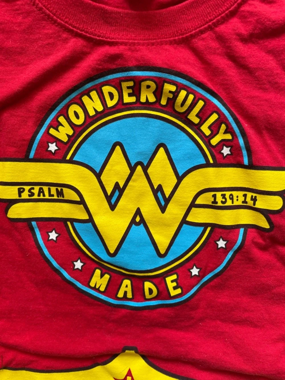 Jerzees Red Wonderfully Made Kids Superhero Tee with Yellow and Blue Print